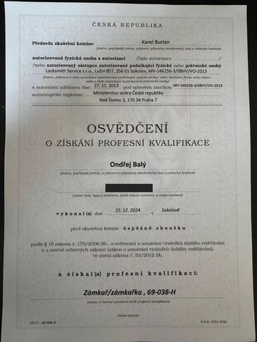 Osvědčení o získání profesní kvalifikace Zámkař/zámkařka 69-038-H